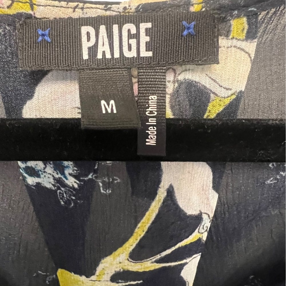 PAIGE Silk Ruffle Blouse Rich Navy Blue, Medium, Sketched Orchid Floral Top - Picture 7 of 13